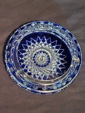Bohemian Cut Glass Blue Clear Ashtray - Cigar - 6 5/8" W x 1 1/2" H